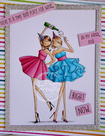 Girly wine time card using Uptown Girls Whitney and Wendy love wine by Stamping Bella