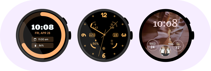 Imagen de tres esferas de reloj creadas con el formato de esfera de reloj