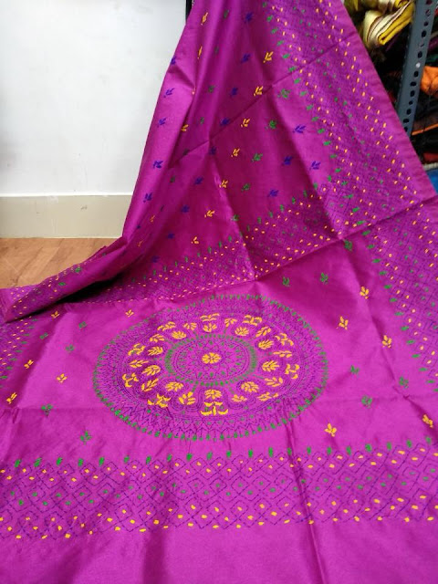 Semi tussar kantha stitch saree 