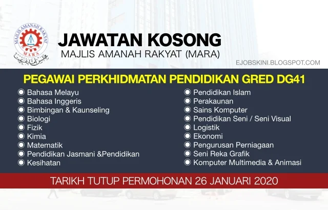 Jawatan Kosong Pegawai Perkhidmatan Pendidikan DG41 MARA Januari 2020