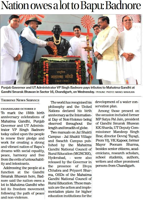 Punjab Governor & UT Administrator V P Singh Badnore pays tributes to Mahatma Gandhi at Gandhi Samark Bhawan in Sector 16, Chandigarh on wednesday