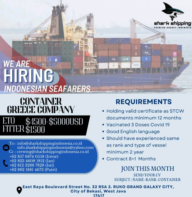 Job Ship Crew Container Vessel ETO, Fitter Indonesian Seafarer