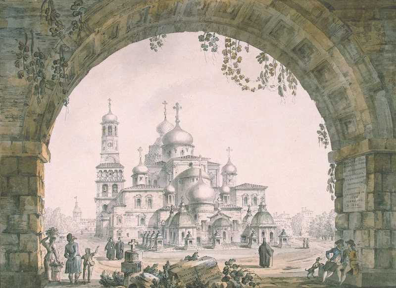 Voskresensky Monastery beside the Istra River, or New Jerusalem. Environs of Moscow by Giacomo Quarenghi - Architecture, Cityscape, Landscape Drawings from Hermitage Museum