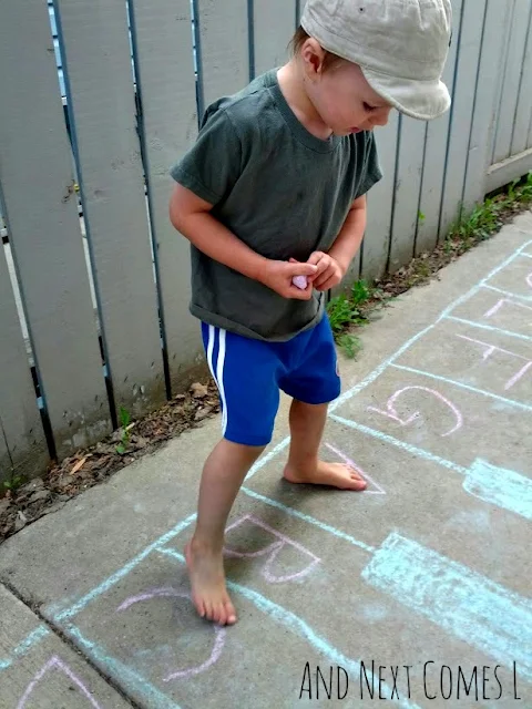 Preschool music and movement activity using a giant chalk keyboard