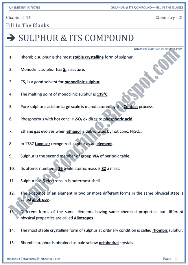 sulphur-and-its-compound-fill-in-the-blanks-chemistry-ix