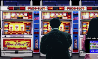 Japanese Man and woman animation style standing next to Slot machines in total we can see three of them with a man by one and the woman by the other one