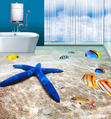3D beached themed bathroom floor designs having starfish and koifish