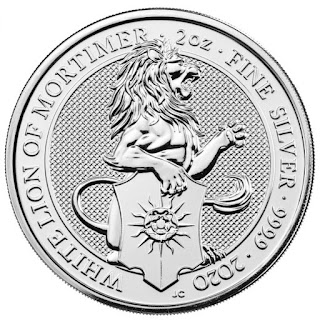 Монета Белый Лев Мортимера 2020, серебряные звери королевы Англии 2 унции
