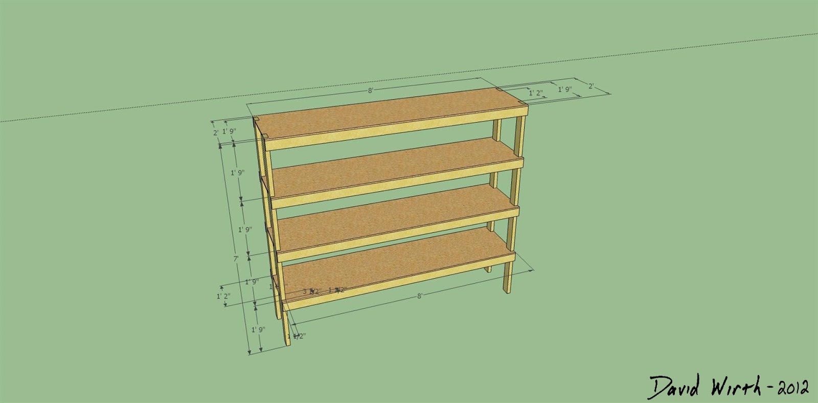google sketchup wood shelf design, wood shelf dimensions, 2x4 shelf 