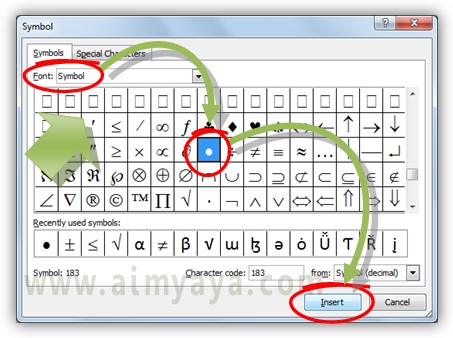  Gambar: Memilih simbol yang akan digunakan sebagai bullet di excel