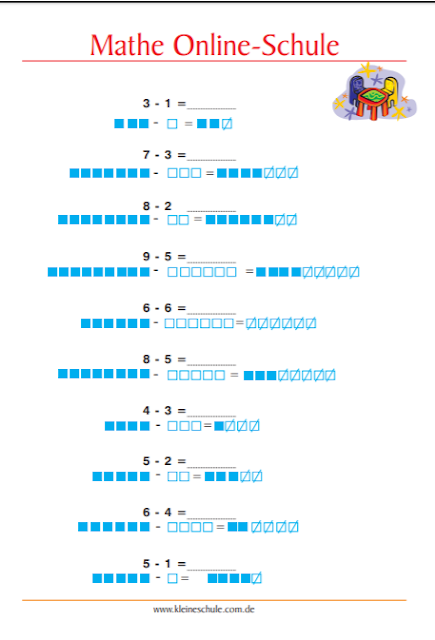 Matheaufgaben für 1. Klasse Grundschule Subtraktion