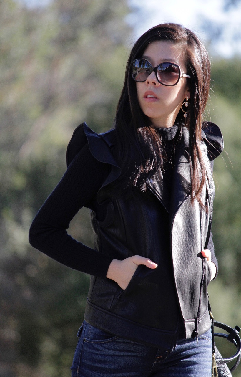 Black Leather Motorcycle Jacket with Black Turtleneck Sweater Outfit - What to Wear on a Winter Day Out - Business Casual Outfit Ideas - Adrienne Nguyen