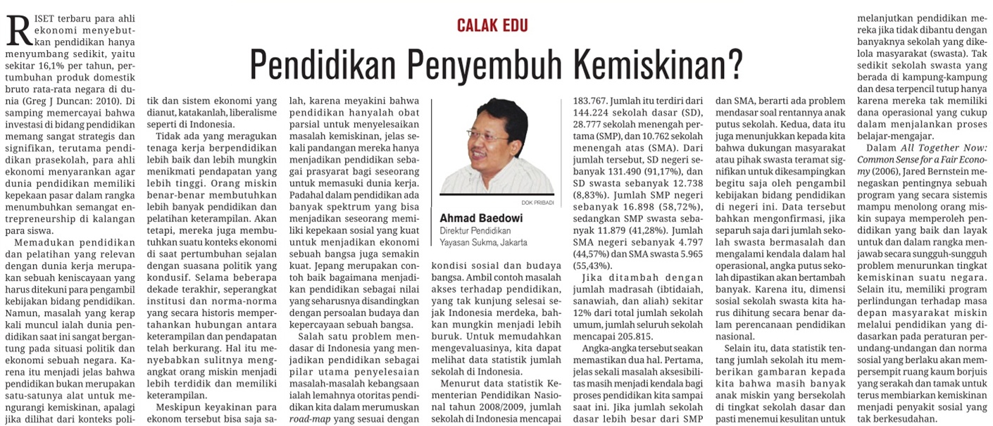 Artikel Koran Kompas: Pendidikan Penyembuh Kemiskinan?