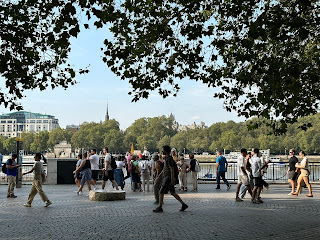 A photo taken from underneath a tree with branches hanging above, showing lots of people walking along a paved area that is fenced alongside a river.  Photo taken by Kevin Nosferatu for the Skulferatu Project.