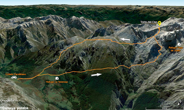 Mapa de la ruta señalizada a la Torre del Oso en Picos de Europa.