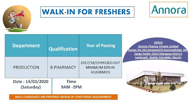 Annora Pharma | Walk-in for Freshers on 14 Mar 2020 at Hyderabad