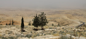 Dry Jordanian landscape as seen from the top of Mount Nebu, Madaba, Jordan