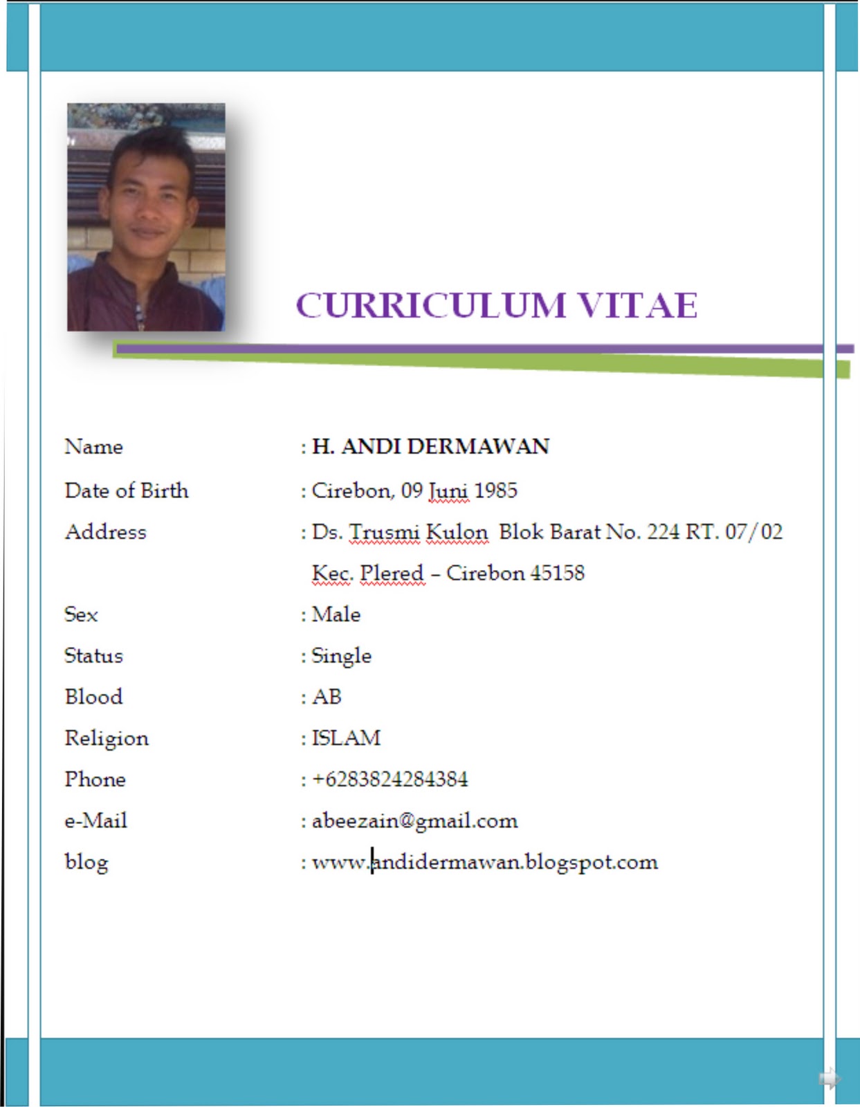 Contoh Curriculum Vitae  New Calendar Template Site