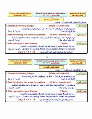 مواصفات امتحانات شهر نوفمبر للمراحل -الإبتدائية -الإعدادية والثانوية انجليزي الترم الأول 2023