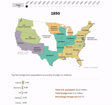 animated map of America showing top country of birth among U.S. immigrants, by state since 1850