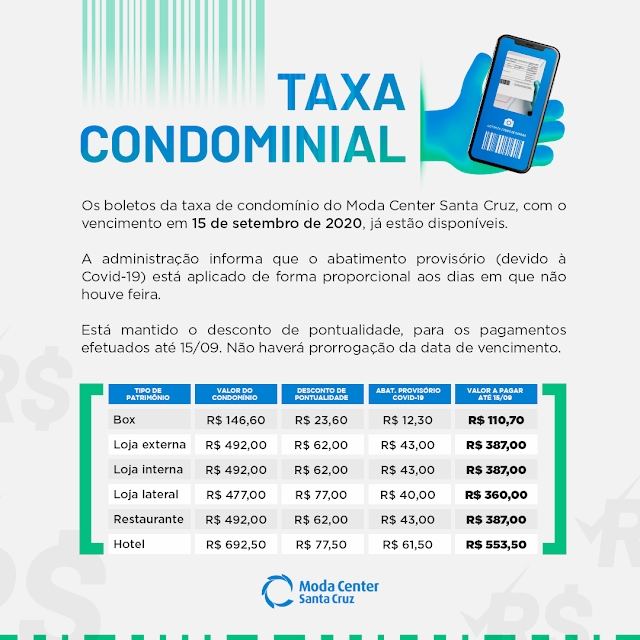 Boletos da taxa de condomínio do Moda Center estão disponíveis