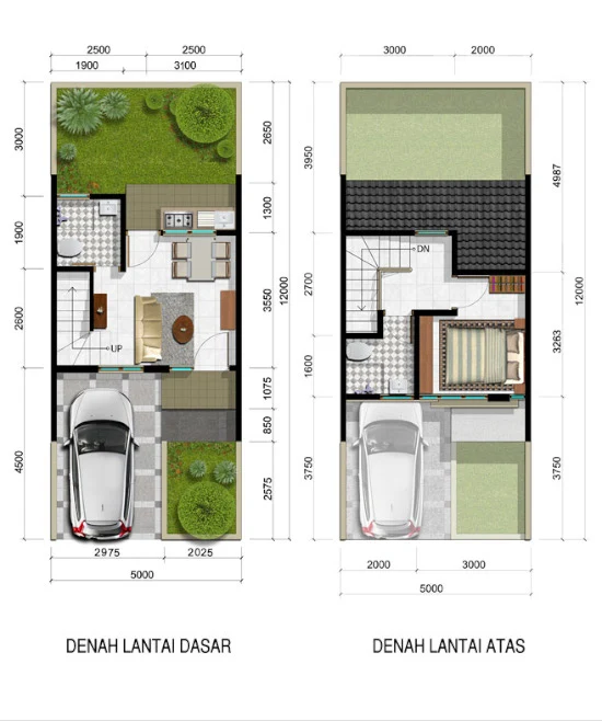 Denah rumah minimalis ukuran 5x12 meter 2 lantai 1 kamar tidur