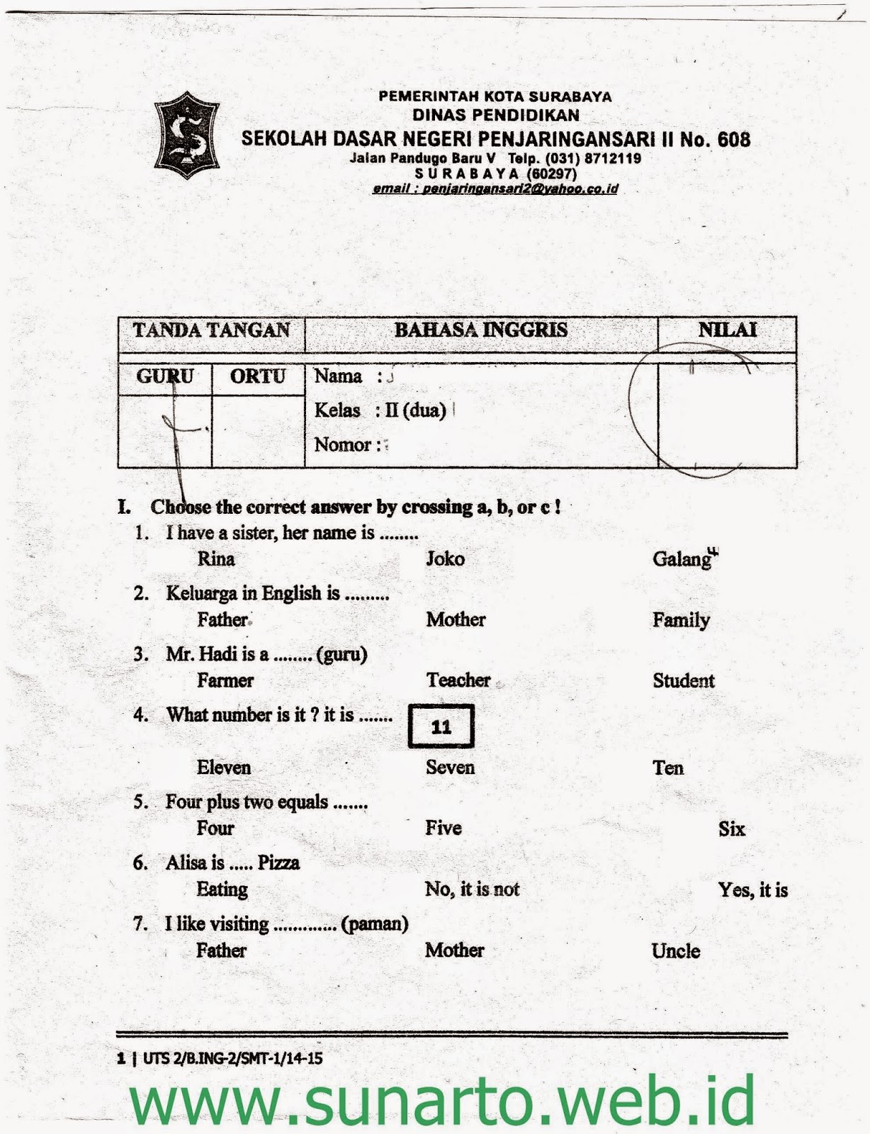 Ulangan Harian Semester Ganjil Bahasa Inggris Kelas 2 SD TA 2014 2015 Kurikulum 2013