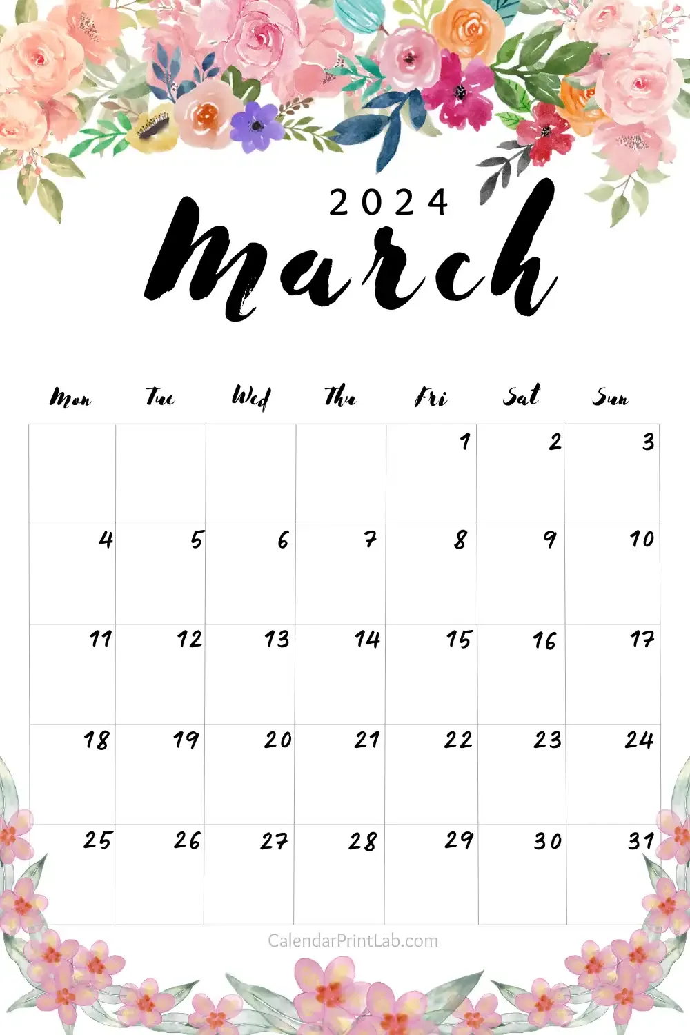 March 2024 Floral Calendar Printable