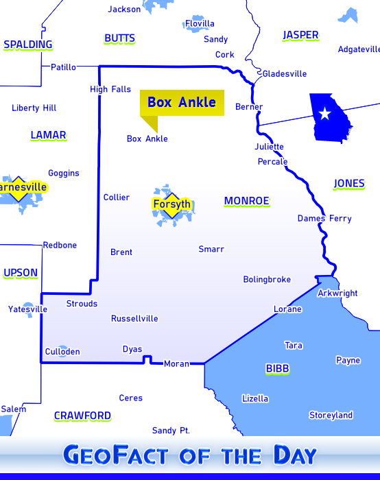 Map showing the location of Box Ankle, Georgia in Monroe County