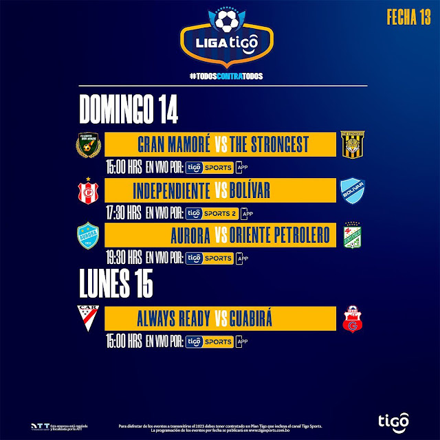 Programación de Tigo Sports Fecha 13 Torneo 2023