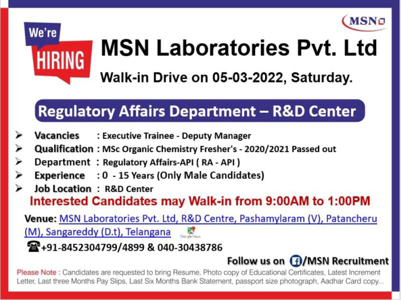 Job Availables,MSN Laboratories Pvt. Ltd Walk-In-Interview For MSc Organic Chemistry- Freshers