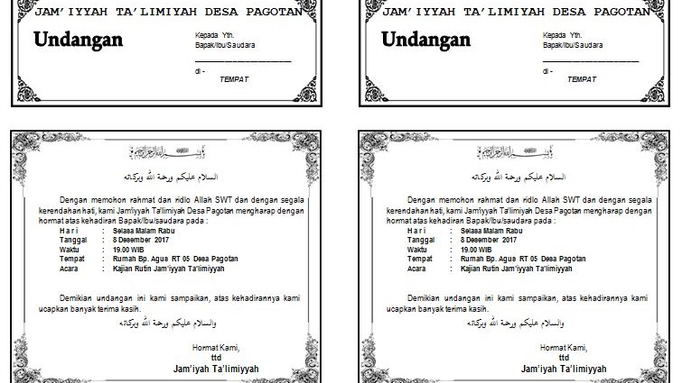 Contoh Surat Undangan Kajian Rutin Majlis Taklim Desa Tahun Januari 2017