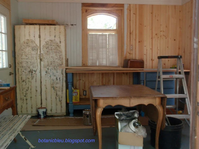 Botanic Bleu garden shed interior during completion as Christmas shop