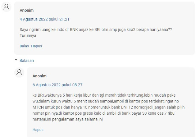 Testimoni dari pengguna bahwa hanya beberapa menit saja uang dari Arab Saudi sudah berhasil masuk ke rekening BCA di Indonesia.