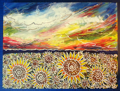 A painting entitled Elspeths Field. It's a field of golden sunflowers beneath a bright blue sky with some darker clouds in places