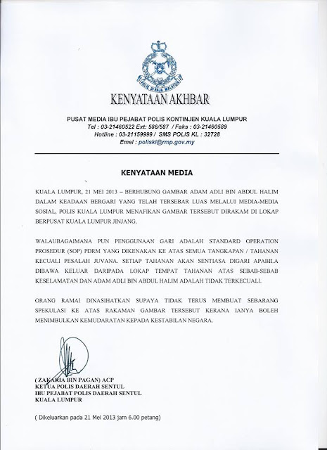 Kenyataan Media Polis Diraja Malaysia berkaitan Adam Adli bin Abdul Halim