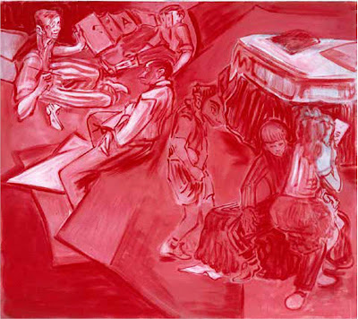 Lección de dibujo  (2007, temple sobre tela, 180 × 160 cm, serie Azules y Rojos)