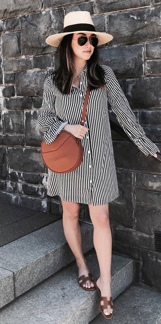 how to style a striped shirt dress : hat + brown bag + slides