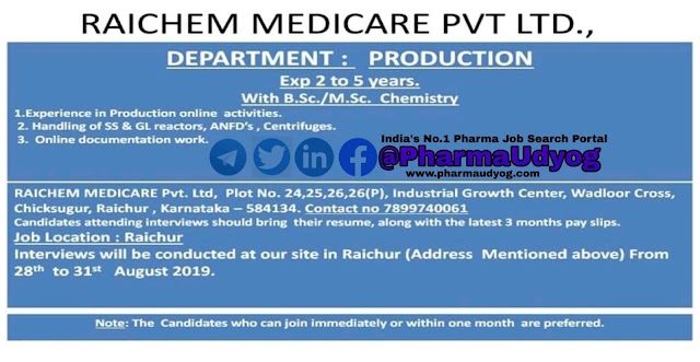 Raichem Medicare | Walk-in interview for Production | 28 - 31 August 2019 | Raichur