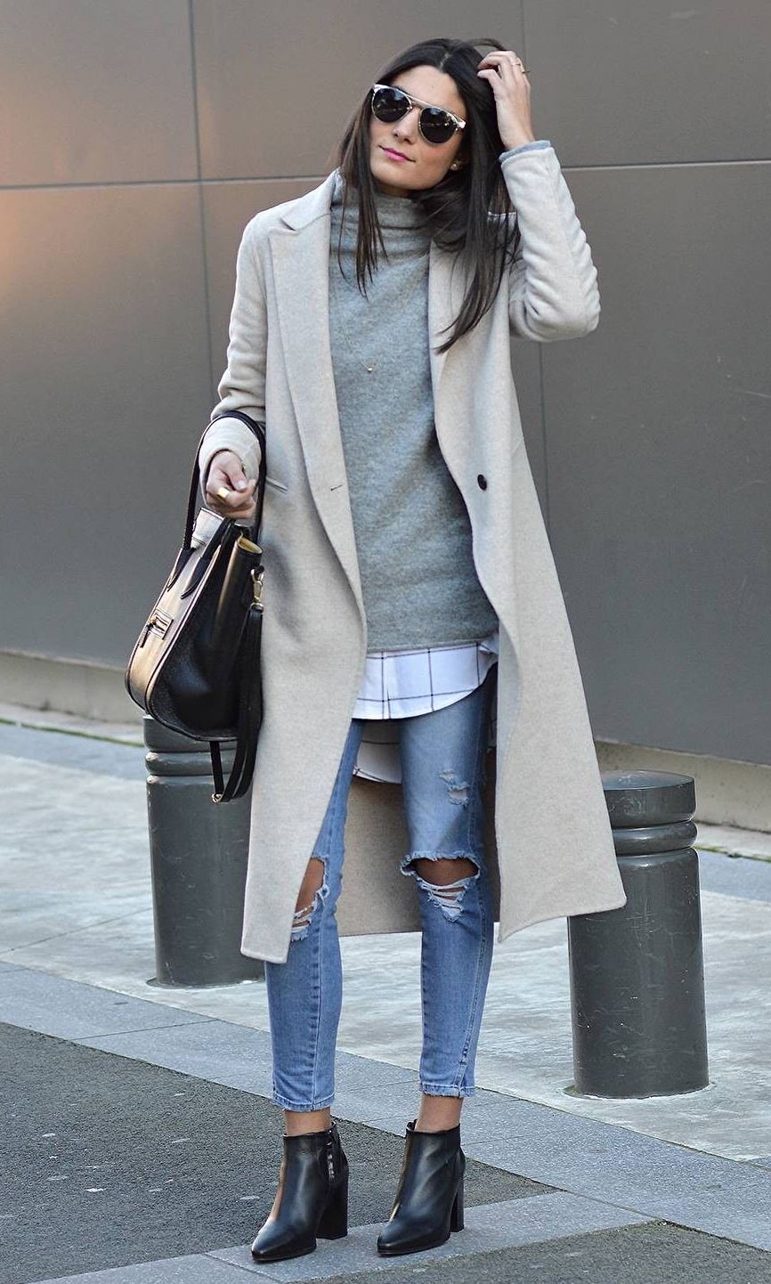 amazing winter outfit / coat + sweater + shirt + bag + ripped jeans + boots