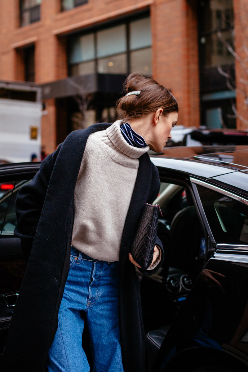 The Double Turtleneck Look to Try for Fall and Winter — Street Style Outfit With Chunky Sweater Layered Over Striped Turtleneck