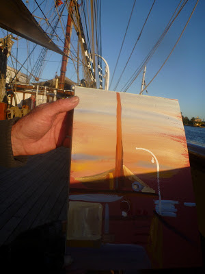 Plein air small gouache study of the Sydney Heritage Fleet's tug 'Bronzewing' alongside the 'James Craig'  painted by industrial heritage artist Jane Bennett