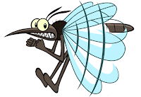 A cartoon mosquito that appears to be flying fast to get away.
