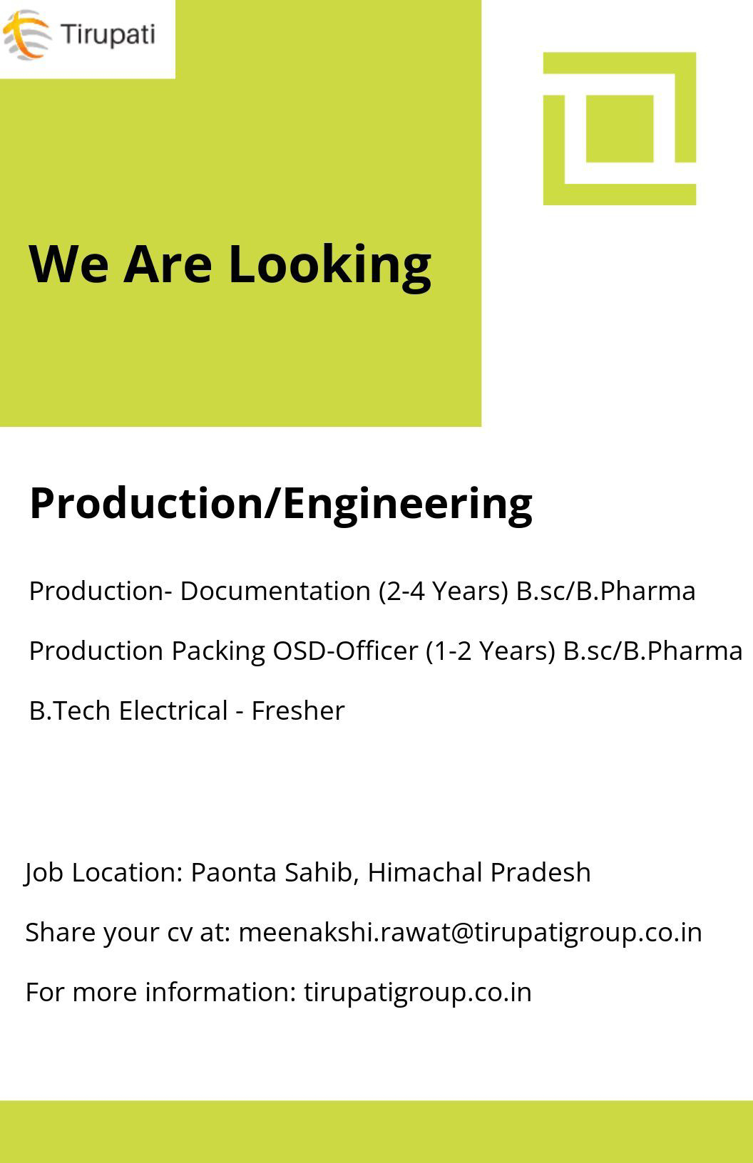 Job Available's for Tirupati Group Job Vacancy for  B Tech Electrical - Fresher/ Experienced BSc/ B Pharma