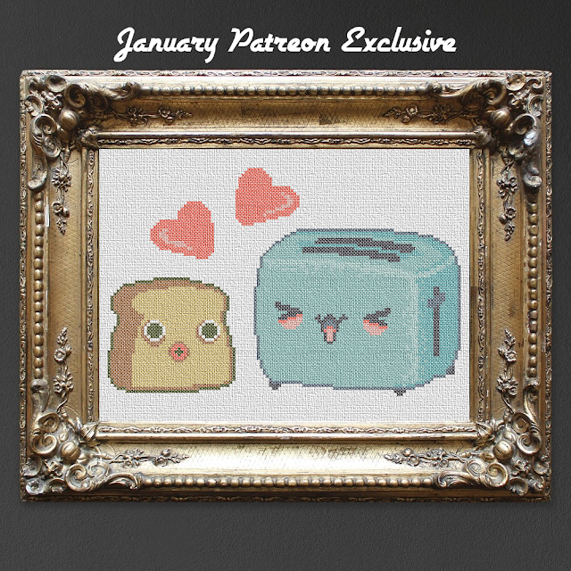 kawaii cross stitch pattern of a toaster and a little slice of bread