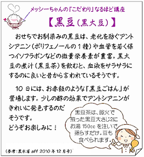 　【黒豆（黒大豆）】
おせちでお馴染みの黒豆は、老化を防ぐアントシアニン（ポリフェノールの1種）や血管を若く保つイソフラボンなどの微量栄養素が豊富。黒大豆の煮汁（黒豆茶）を飲むと、血液をサラサラにするのに良いと昔から言われているそうです。
10日には、お赤飯のような「黒豆ごはん」が
登場します。少しの酢の効果でアントシアニンがきれいに発色するのだ
そうです。
どうぞお楽しみに！

（参考：農水省aff 2010年12月号）
黒豆茶は、弱火で
煎った黒豆大さじ２に
お湯150ccを注いで
蒸らすだけ。豆も
食べられます
