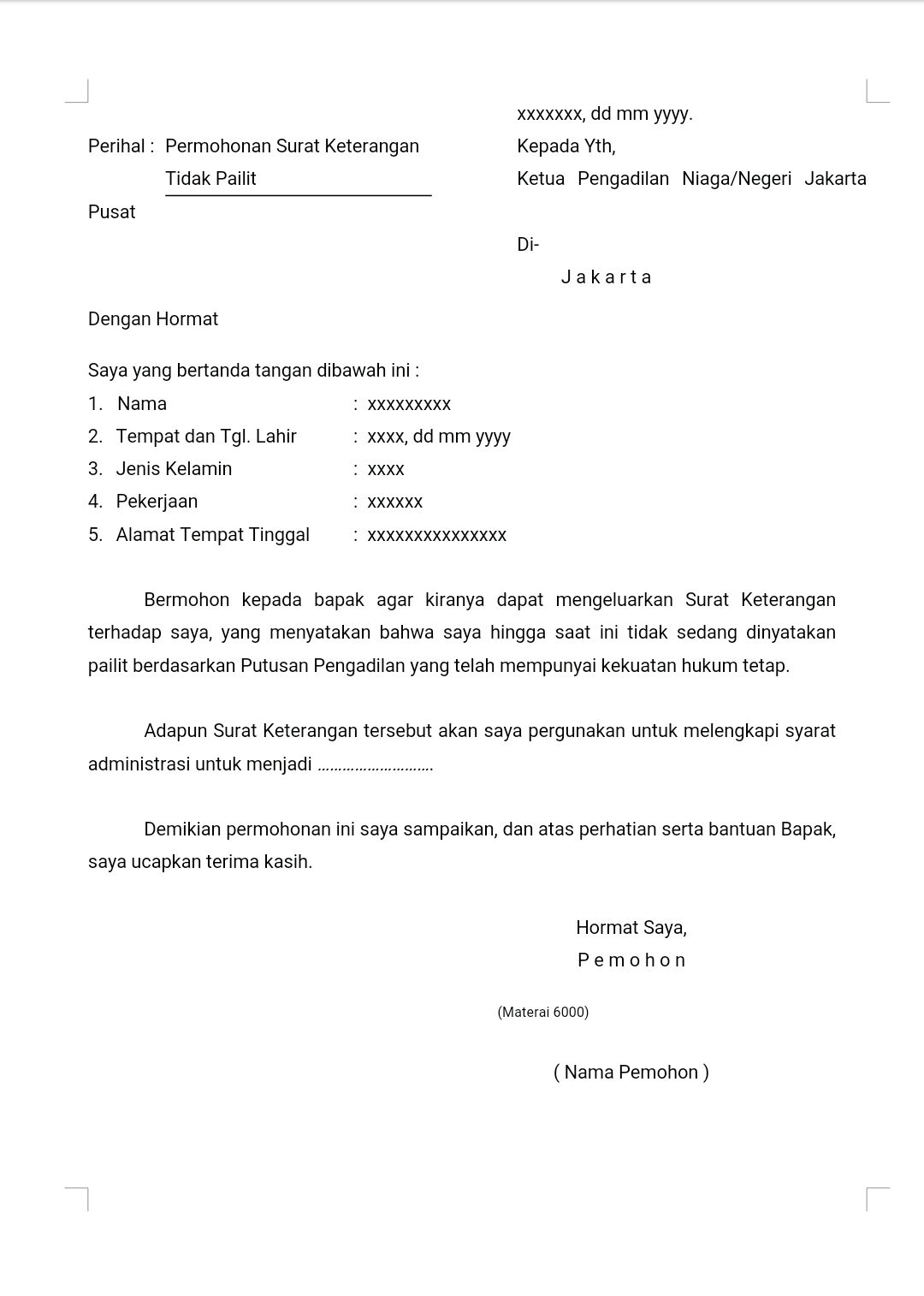 Surat Keterangan tidak pailit or bebas perkara