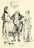 Sir William presents Elizabeth Bennet to Mr Darcy as a desirable partner by C E Brock (1895) From Pride and Prejudice by Jane Austen (1895 edition)