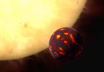 ilustração da Super-Terra 55 Cancri e em frente de sua estrela hospedeira
