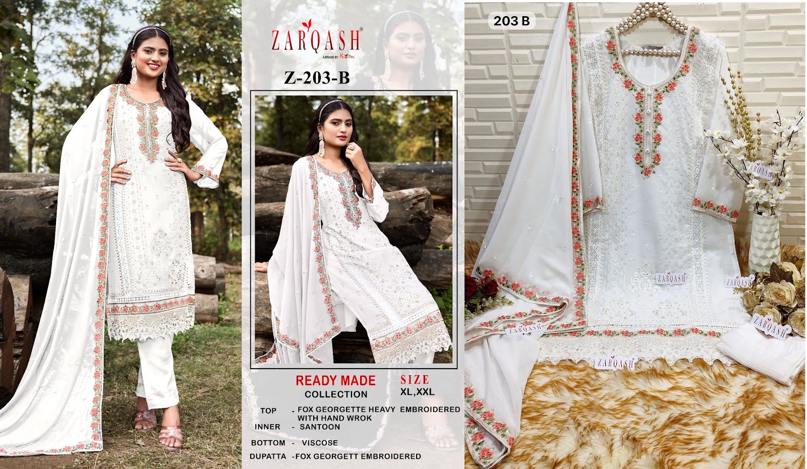203 Zarqash Fox Georgette Embroidered Work Pakistani Readymade Suits